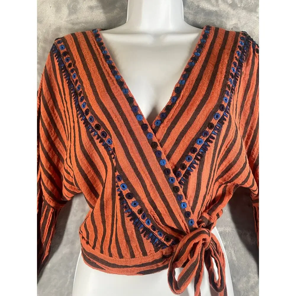 Free People Barcelona Nights Wrap Top S Embroidered Boho Puff Sleeve Festival XS